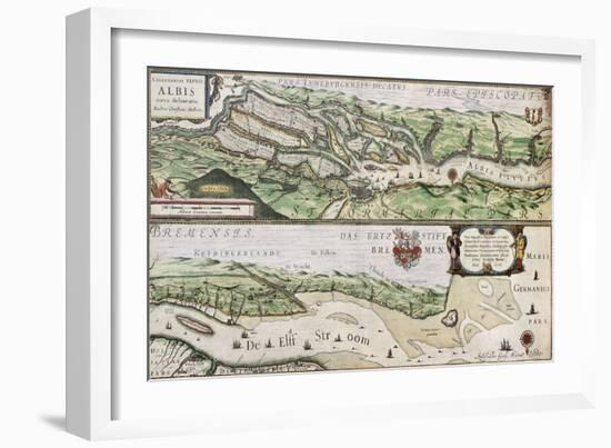 Old Map Of Elbe River And Hamburg Port From The Atlas Appendix-marzolino-Framed Art Print