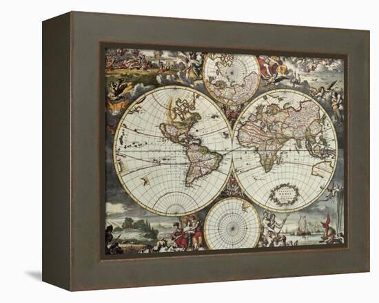 Old Map Of World Hemispheres. Created By Frederick De Wit, Published In Amsterdam, 1668-marzolino-Framed Stretched Canvas