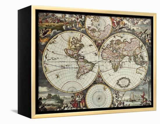 Old Map Of World Hemispheres. Created By Frederick De Wit, Published In Amsterdam, 1668-marzolino-Framed Stretched Canvas