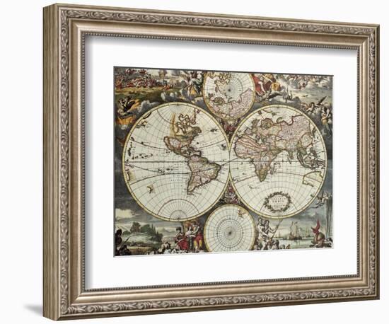 Old Map Of World Hemispheres. Created By Frederick De Wit, Published In Amsterdam, 1668-marzolino-Framed Premium Giclee Print