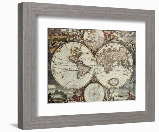 Old Map Of World Hemispheres. Created By Frederick De Wit, Published In Amsterdam, 1668-marzolino-Framed Premium Giclee Print