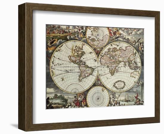 Old Map Of World Hemispheres. Created By Frederick De Wit, Published In Amsterdam, 1668-marzolino-Framed Premium Giclee Print