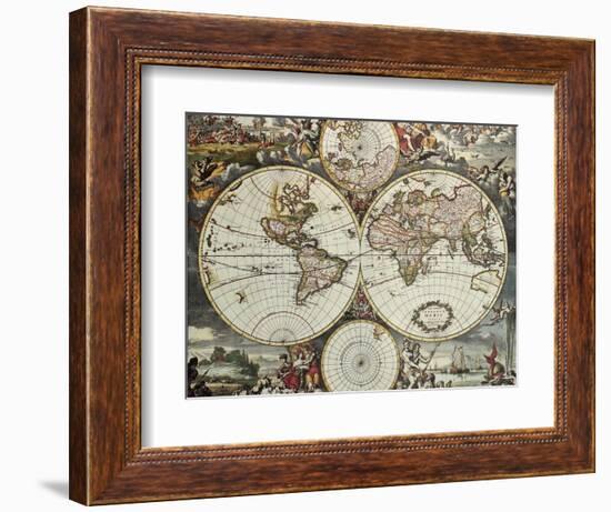 Old Map Of World Hemispheres. Created By Frederick De Wit, Published In Amsterdam, 1668-marzolino-Framed Premium Giclee Print