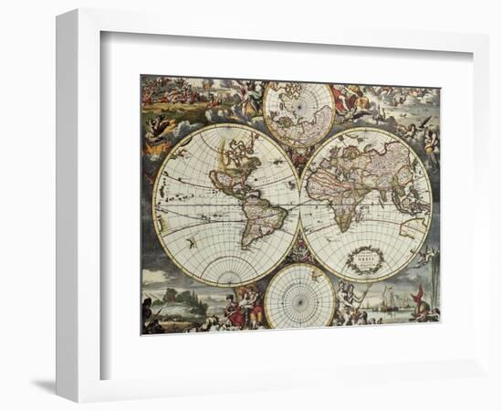 Old Map Of World Hemispheres. Created By Frederick De Wit, Published In Amsterdam, 1668-marzolino-Framed Premium Giclee Print