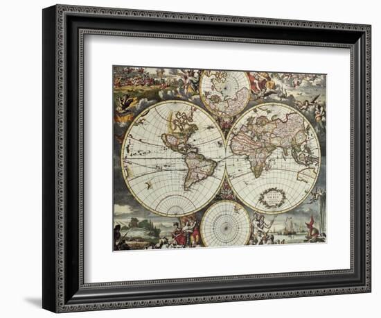 Old Map Of World Hemispheres. Created By Frederick De Wit, Published In Amsterdam, 1668-marzolino-Framed Premium Giclee Print