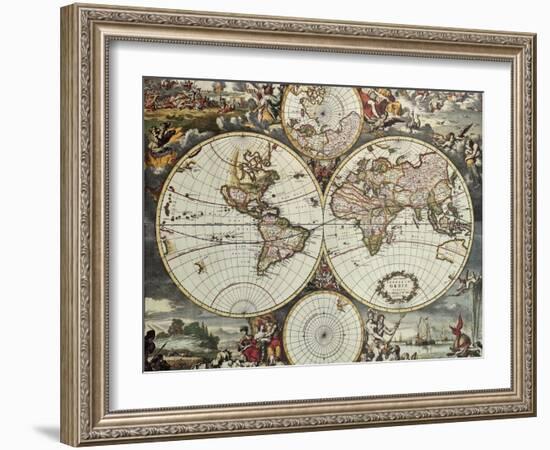 Old Map Of World Hemispheres. Created By Frederick De Wit, Published In Amsterdam, 1668-marzolino-Framed Art Print