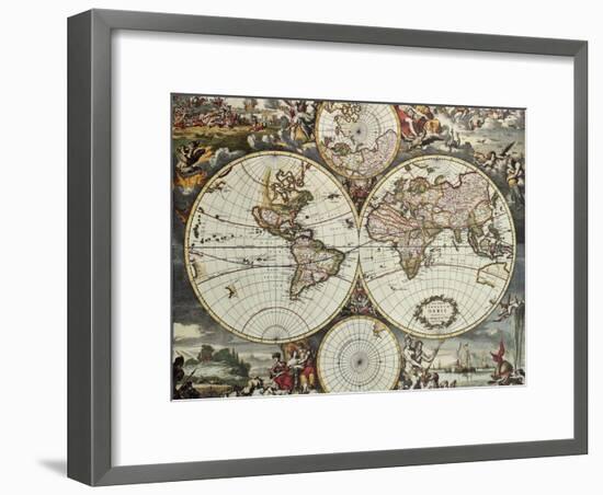 Old Map Of World Hemispheres. Created By Frederick De Wit, Published In Amsterdam, 1668-marzolino-Framed Art Print