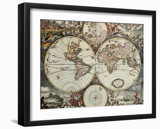 Old Map Of World Hemispheres. Created By Frederick De Wit, Published In Amsterdam, 1668-marzolino-Framed Art Print