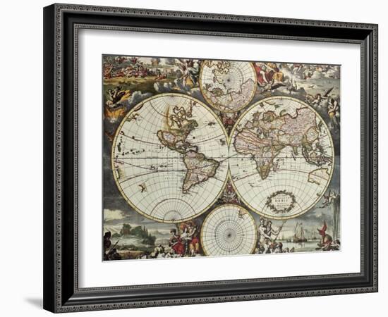 Old Map Of World Hemispheres. Created By Frederick De Wit, Published In Amsterdam, 1668-marzolino-Framed Art Print