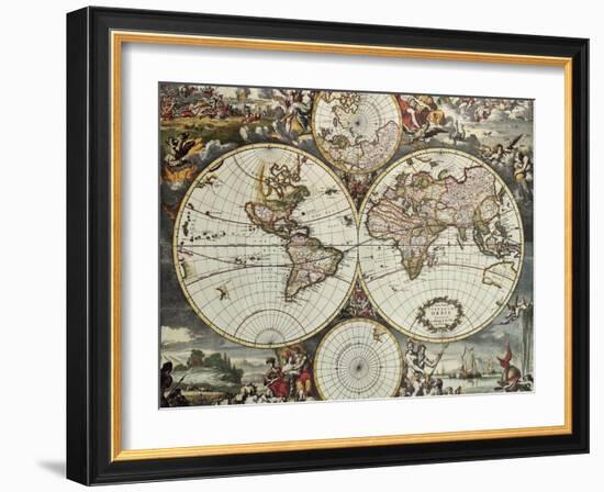 Old Map Of World Hemispheres. Created By Frederick De Wit, Published In Amsterdam, 1668-marzolino-Framed Art Print