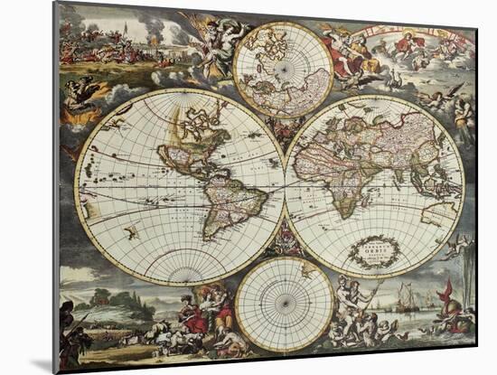 Old Map Of World Hemispheres. Created By Frederick De Wit, Published In Amsterdam, 1668-marzolino-Mounted Art Print