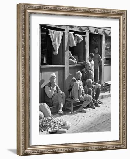 Old Men and Boys Outside a Cafe, Bhaktapur, Kathmandu Valley, Nepal-Don Smith-Framed Photographic Print