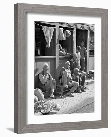 Old Men and Boys Outside a Cafe, Bhaktapur, Kathmandu Valley, Nepal-Don Smith-Framed Photographic Print