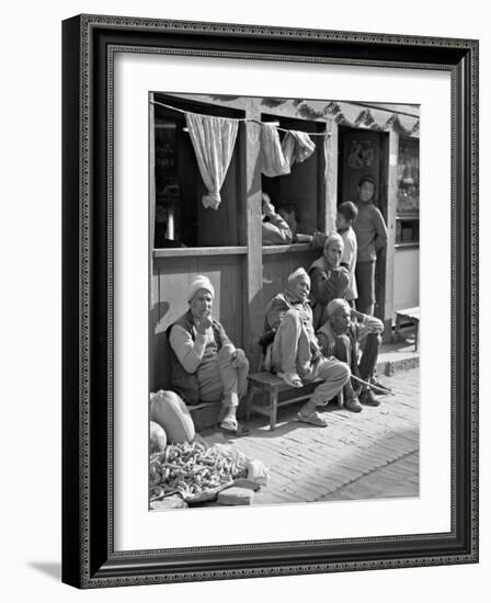 Old Men and Boys Outside a Cafe, Bhaktapur, Kathmandu Valley, Nepal-Don Smith-Framed Photographic Print