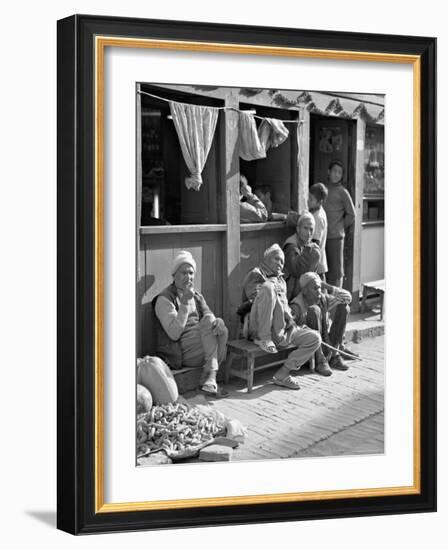 Old Men and Boys Outside a Cafe, Bhaktapur, Kathmandu Valley, Nepal-Don Smith-Framed Photographic Print