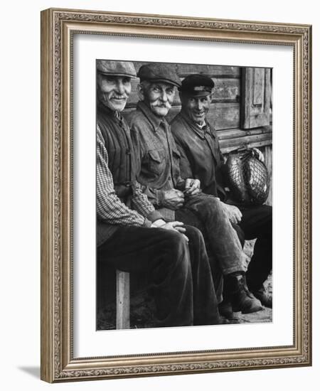 Old Men Smiling, Sitting on Bench, After Waiting in Line For Meat-Paul Schutzer-Framed Photographic Print