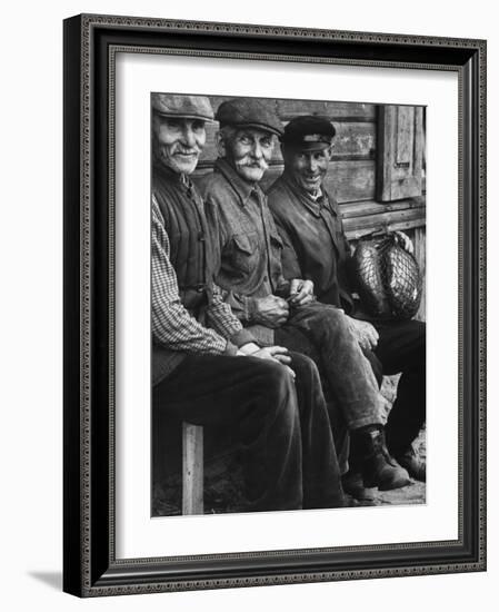 Old Men Smiling, Sitting on Bench, After Waiting in Line For Meat-Paul Schutzer-Framed Photographic Print