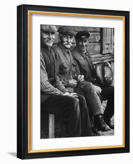 Old Men Smiling, Sitting on Bench, After Waiting in Line For Meat-Paul Schutzer-Framed Photographic Print