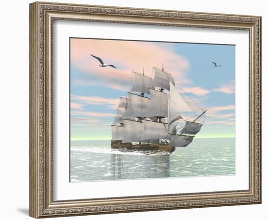 Old Merchant Ship Sailing in the Ocean with Seagulls Above-null-Framed Art Print