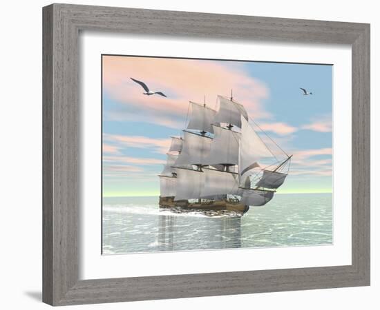 Old Merchant Ship Sailing in the Ocean with Seagulls Above-null-Framed Art Print