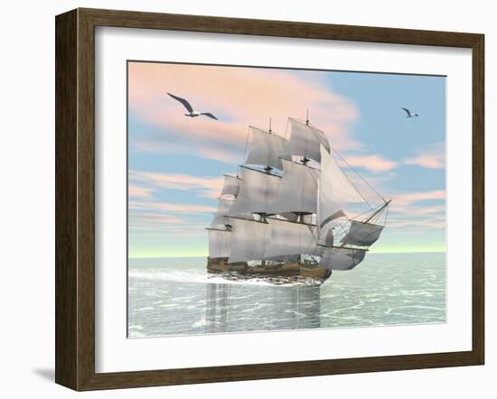 Old Merchant Ship Sailing in the Ocean with Seagulls Above-null-Framed Art Print