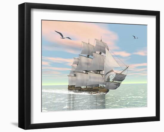 Old Merchant Ship Sailing in the Ocean with Seagulls Above-null-Framed Art Print