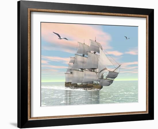 Old Merchant Ship Sailing in the Ocean with Seagulls Above-null-Framed Art Print