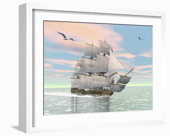 Old Merchant Ship Sailing in the Ocean with Seagulls Above-null-Framed Art Print