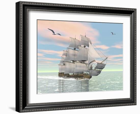 Old Merchant Ship Sailing in the Ocean with Seagulls Above-null-Framed Art Print