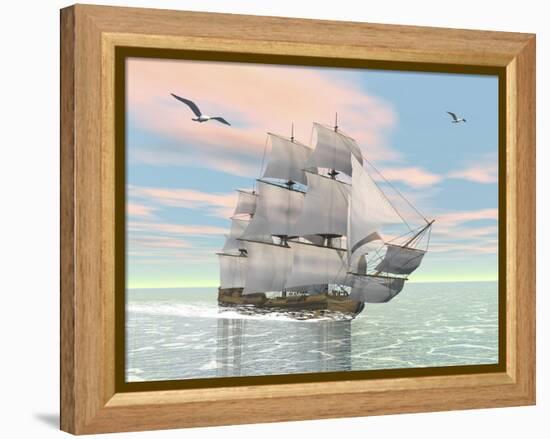 Old Merchant Ship Sailing in the Ocean with Seagulls Above-null-Framed Stretched Canvas