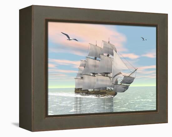 Old Merchant Ship Sailing in the Ocean with Seagulls Above-null-Framed Stretched Canvas