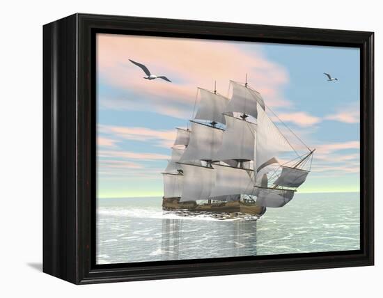 Old Merchant Ship Sailing in the Ocean with Seagulls Above-null-Framed Stretched Canvas