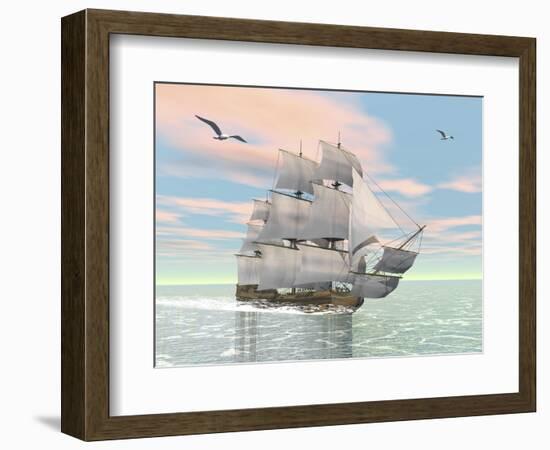 Old Merchant Ship Sailing in the Ocean with Seagulls Above-null-Framed Premium Giclee Print