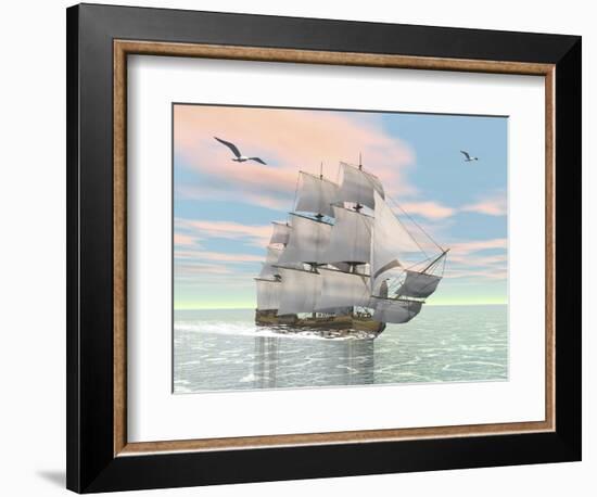 Old Merchant Ship Sailing in the Ocean with Seagulls Above-null-Framed Premium Giclee Print