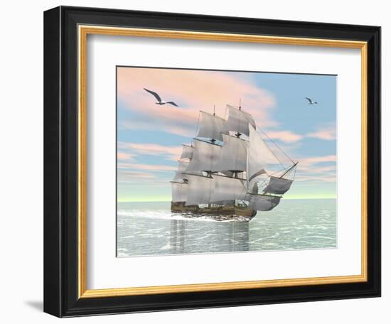 Old Merchant Ship Sailing in the Ocean with Seagulls Above-null-Framed Premium Giclee Print