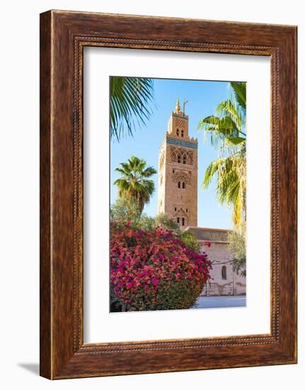 Old minaret tower of Koutoubia Mosque, framed by flowers in spring, Marrakech, Morocco-Roberto Moiola-Framed Photographic Print