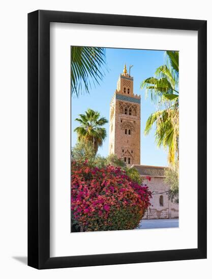 Old minaret tower of Koutoubia Mosque, framed by flowers in spring, Marrakech, Morocco-Roberto Moiola-Framed Photographic Print