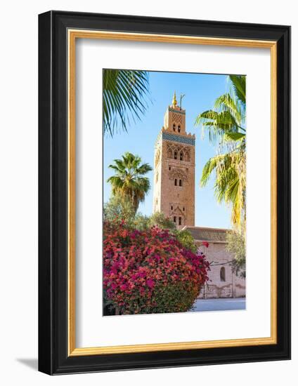 Old minaret tower of Koutoubia Mosque, framed by flowers in spring, Marrakech, Morocco-Roberto Moiola-Framed Photographic Print