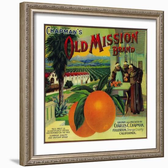 Old Mission Orange Label - Fullerton, CA-Lantern Press-Framed Art Print