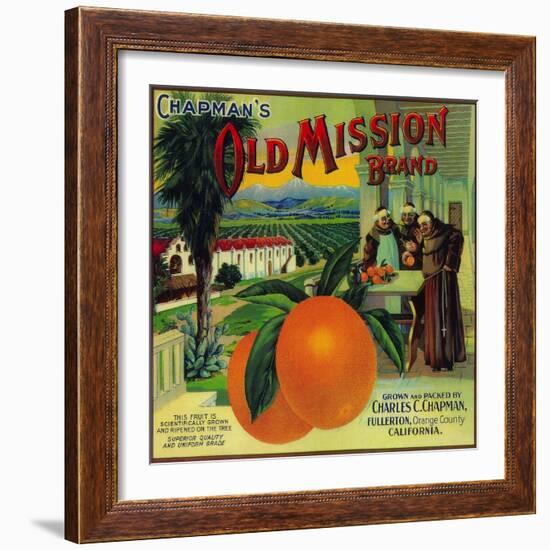 Old Mission Orange Label - Fullerton, CA-Lantern Press-Framed Art Print