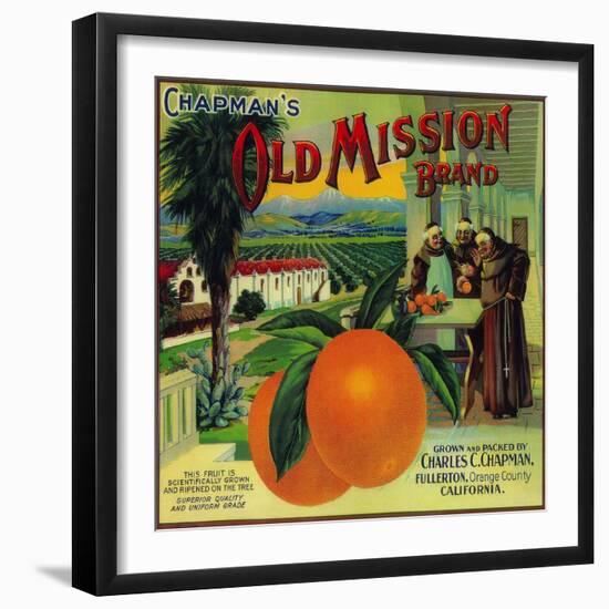 Old Mission Orange Label - Fullerton, CA-Lantern Press-Framed Art Print