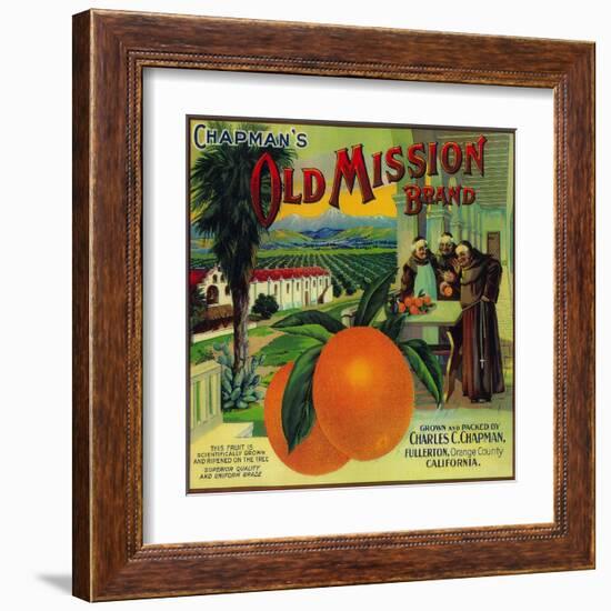 Old Mission Orange Label - Fullerton, CA-Lantern Press-Framed Art Print