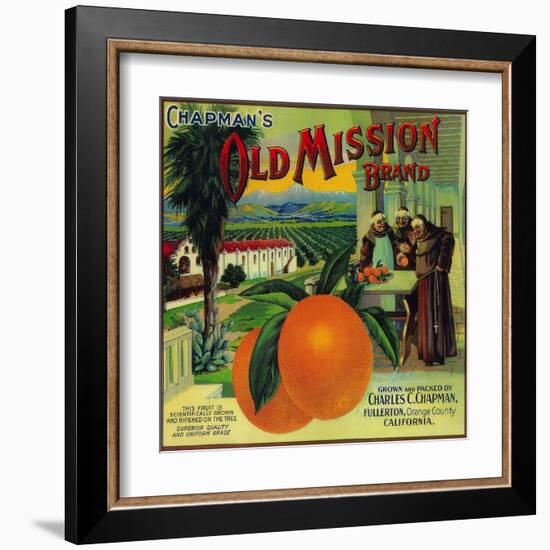 Old Mission Orange Label - Fullerton, CA-Lantern Press-Framed Art Print