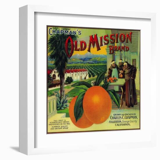 Old Mission Orange Label - Fullerton, CA-Lantern Press-Framed Art Print