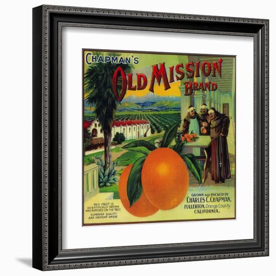 Old Mission Orange Label - Fullerton, CA-Lantern Press-Framed Art Print