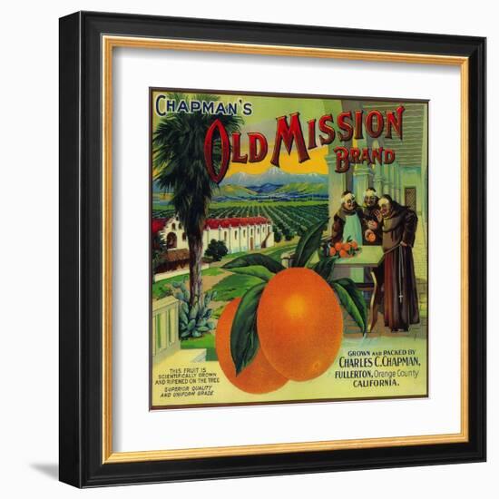 Old Mission Orange Label - Fullerton, CA-Lantern Press-Framed Art Print