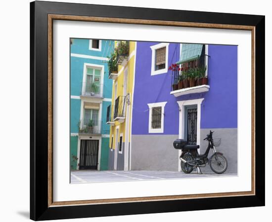 Old Motorcycle Outside a Purple Painted House in Villajoyosa, in Valencia, Spain, Europe-Mawson Mark-Framed Photographic Print