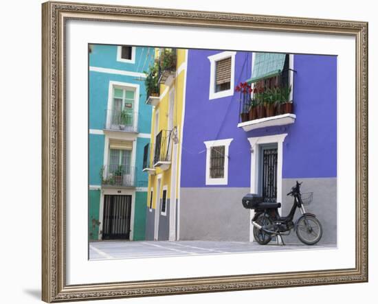 Old Motorcycle Outside a Purple Painted House in Villajoyosa, in Valencia, Spain, Europe-Mawson Mark-Framed Photographic Print