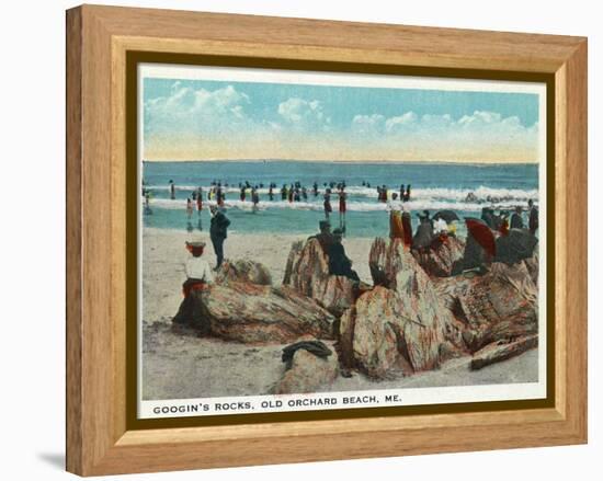 Old Orchard Beach, Maine - Googin's Rocks Scene-Lantern Press-Framed Stretched Canvas