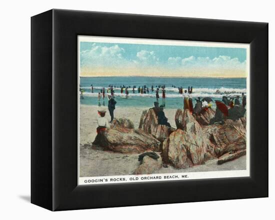 Old Orchard Beach, Maine - Googin's Rocks Scene-Lantern Press-Framed Stretched Canvas